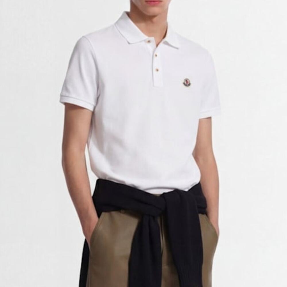 Moncler Mens White 100% Cotton Logo Patch Polo Shirt • Minimalist Golf • Size S